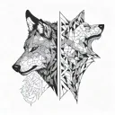 a two wolf's heads one angry black second white quiet looking at each other tattoo design idea