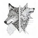 a two wolf's heads one angry black second white quiet looking at each other tattoo design idea