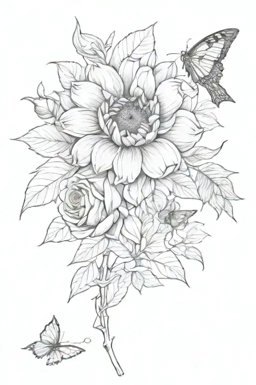 rose, sunflower, red cardinal, butterfly  tattoo design idea