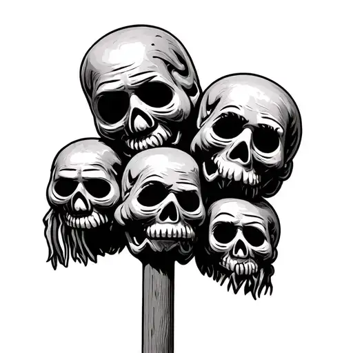 speak no evil, see no evil, hear no evil, voodoo doll heads, kabobbed on a stick tattoo design idea
