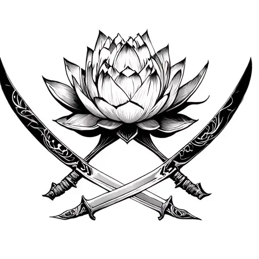 lotus and assassin swords crossed tattoo design idea