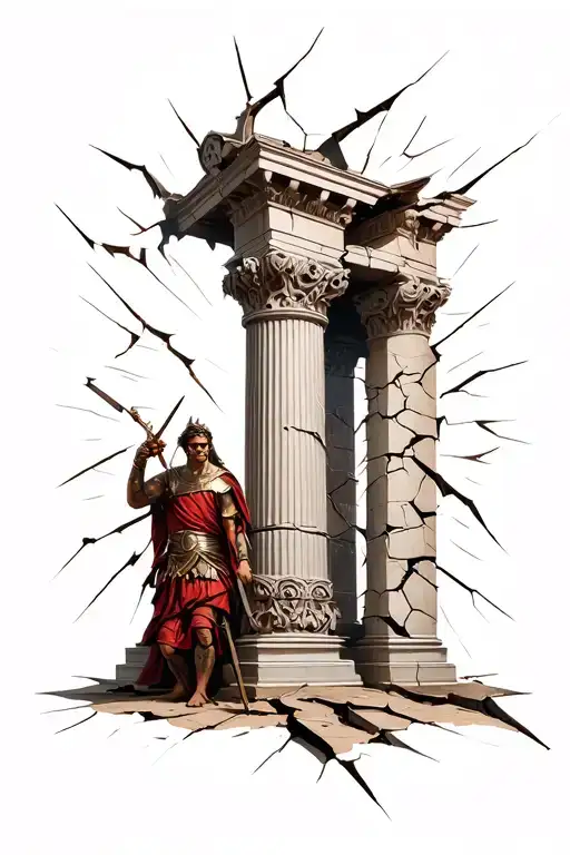 Rome broken cracked pillar, Veni Vidi Vici, Roman Soldiers and Devils tattoo design idea