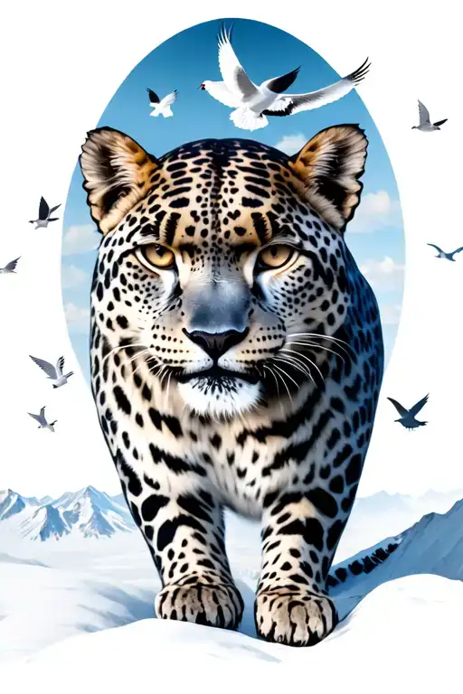 I want a snow leopard on the peak of a mountain and doves flying above and add a small time clock in there somewhere  tattoo design idea