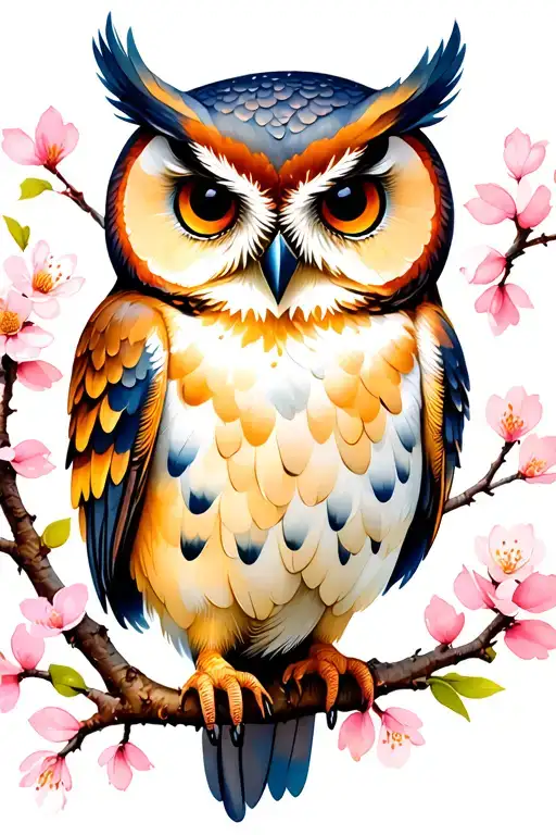 owl perched on a blooming cherry blossom trees tattoo design idea