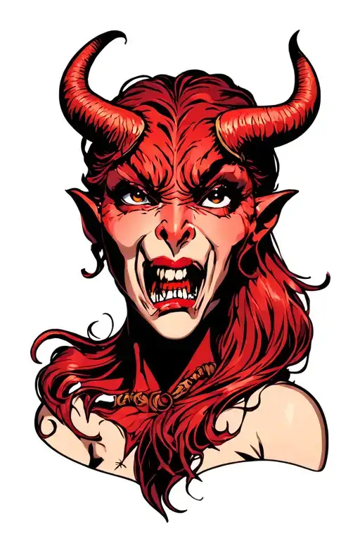 Devil whispering into ear looking impish and devious.[assume tattoo is for a female] tattoo design idea
