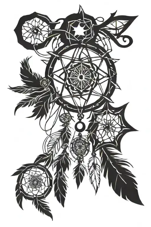 dream catcher with pentagon and sagitarios sign incorporated tattoo design idea