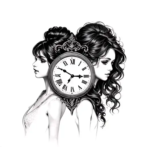 clock face two girls tattoo design idea