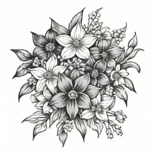 simple black and white flower bundle daffodils violets daisies and narcissus tattoo design idea