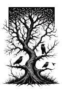 Silhouetted Forest: Twisted, leafless trees stretching upward, with ravens perched on branches and a few in flight. tattoo design idea