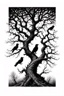 Silhouetted Forest: Twisted, leafless trees stretching upward, with ravens perched on branches and a few in flight. tattoo design idea