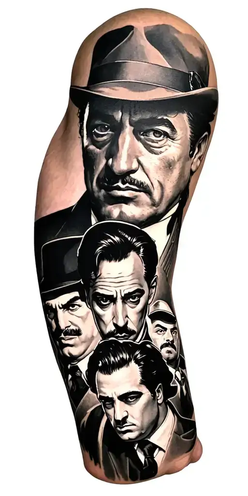 a mafia-inspired full sleeve featuring the godfather scarface peaky blinders and goodfellas tattoo design idea