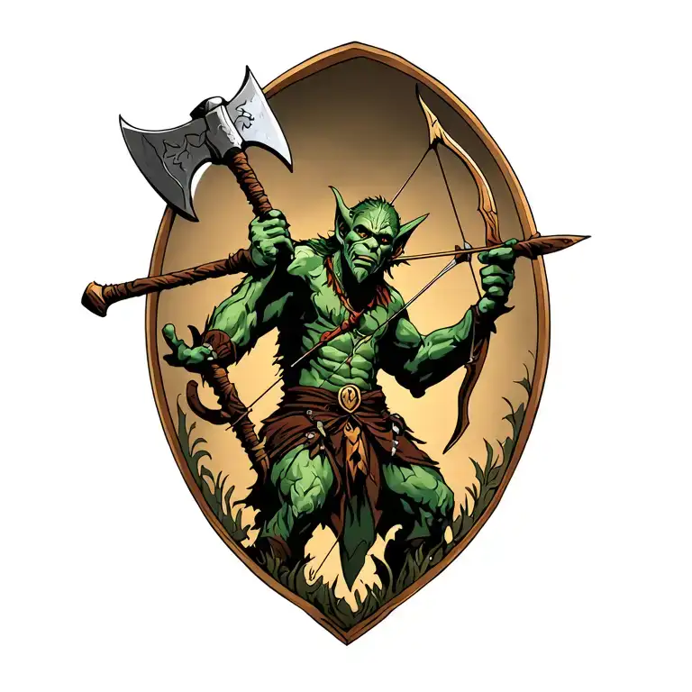 masked troll throwing axe battle scene with elven archer tattoo design idea