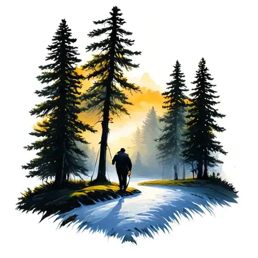 pine forest and father and mother and daughter and son and daughter and golf and time tattoo design idea