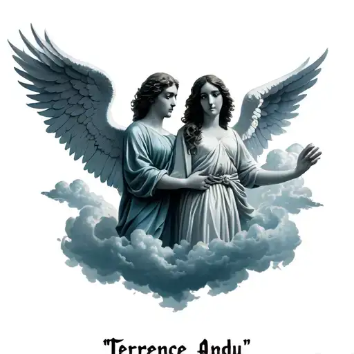 "Terrence Andy" angels and clouds forming the shape surrounded tattoo design idea
