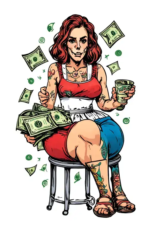 life course, birth, waitress, death of a loved one, money and poverty tattoo design idea