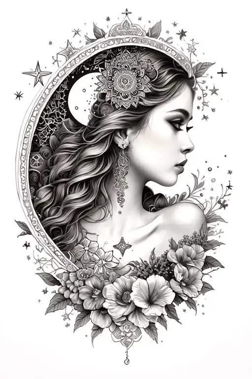 female woman with star and moon and flowers and mandala tattoo design idea