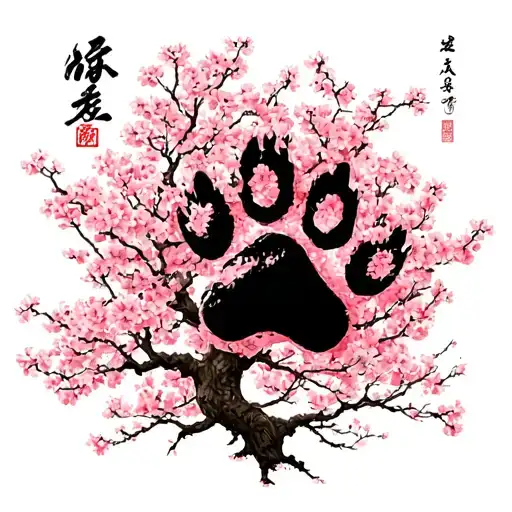 dog paw printin black under Sakura tree bonsia with Chinese lettering that says always loved never forgotten  tattoo design idea