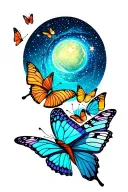 THE PLANET NEPTUNE WITH THE BUTTERFLY STAR CLUSTER CONSTELATION WITH 4 BUTTERFLLIES, COLOR SCHEME IN BLUE, PURPLE green tattoo design idea