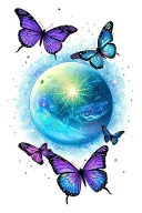 THE PLANET NEPTUNE WITH THE BUTTERFLY STAR CLUSTER CONSTELATION WITH 4 BUTTERFLLIES, COLOR SCHEME IN BLUE, PURPLE green tattoo design idea
