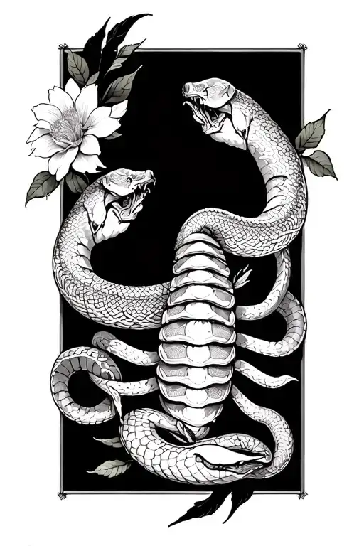 scorpio with snakes wrapping around and flowers intertwined tattoo design idea