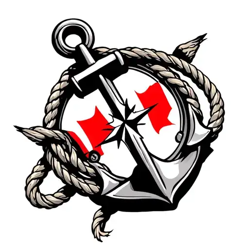anchor with a rope intertwined and a compass inside of the middle of the anchor with a canadian flag  tattoo design idea