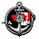 anchor with a rope intertwined and a compass inside of the middle of the anchor with a canadian flag  tattoo design idea