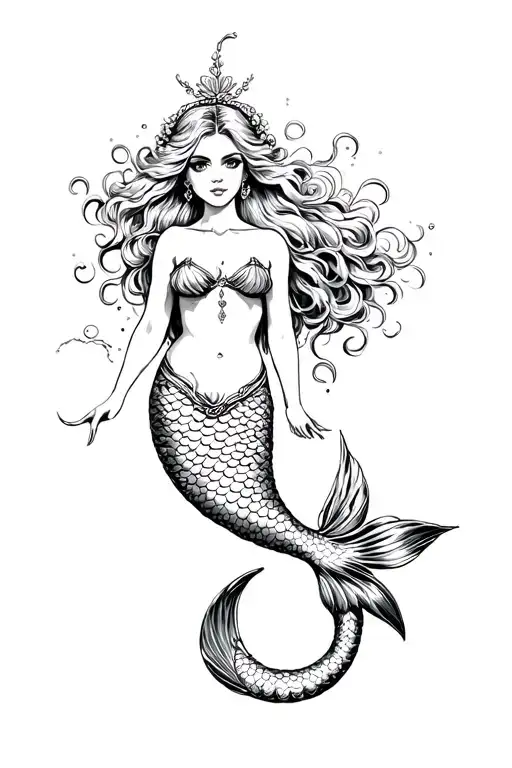 an illustration of a mermaid in classic old school sailor tattoo style. black ink on white background. tattoo design idea
