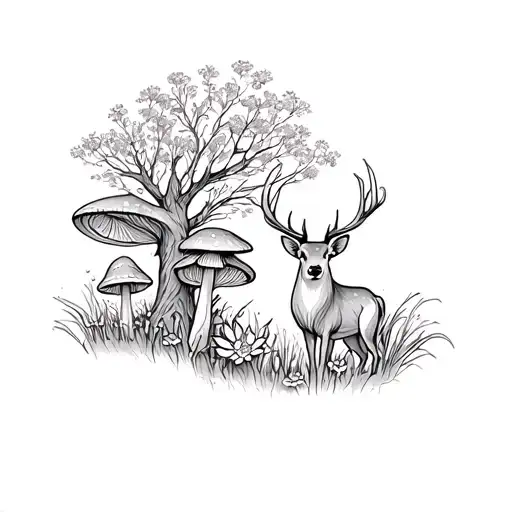 woodland, deer, mushroom, tree, tall grass, flower, web tattoo design idea