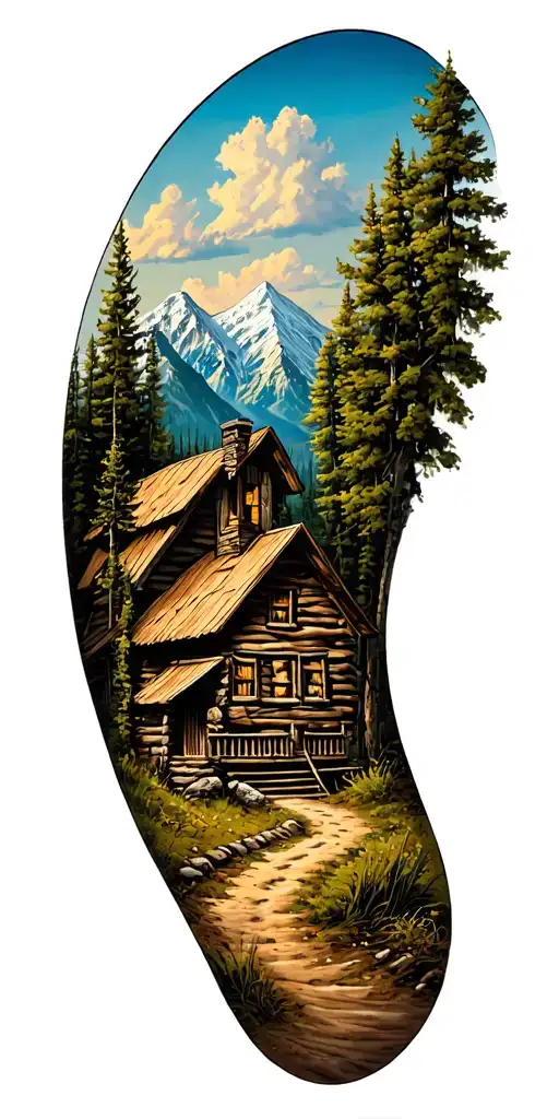 Mountain cabin and trail winding road leading its pack tattoo design idea