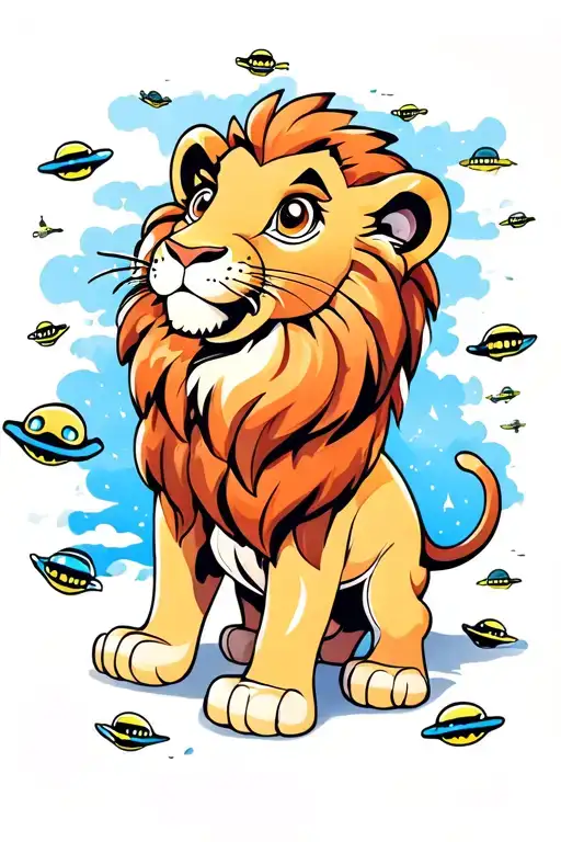 cute and small lion looking up left side pose,  vast blue colored distant sky filled with aliens all over the sky  tattoo design idea