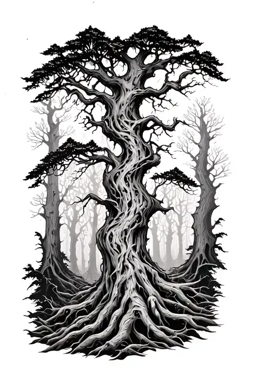 “A surreal black-and-white illustration of a haunted forest, designed for a forearm tattoo. The trees are tall and twist tattoo design idea