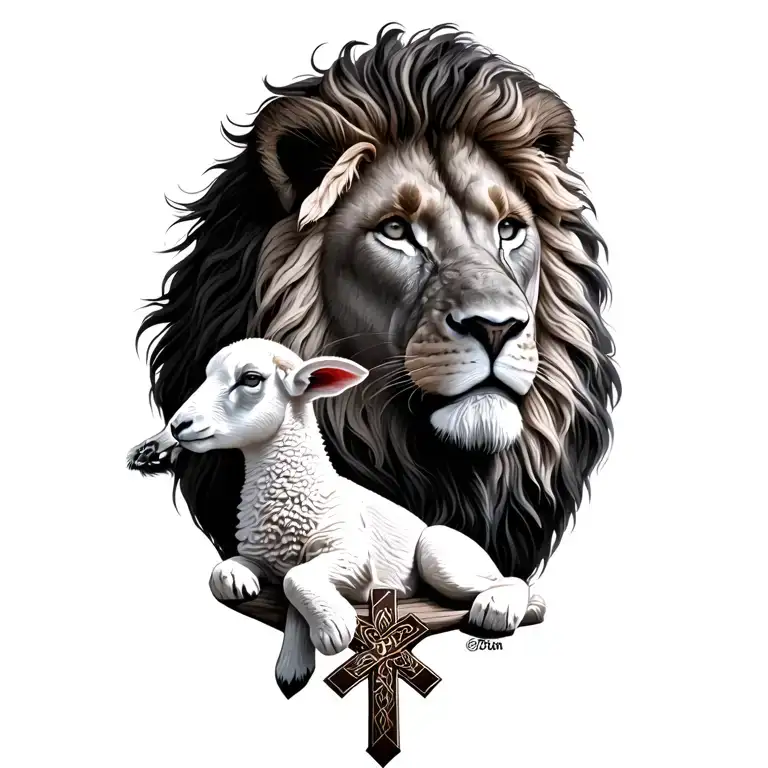 "Lion of Judah " lion, cross, and lamb laying tattoo design idea