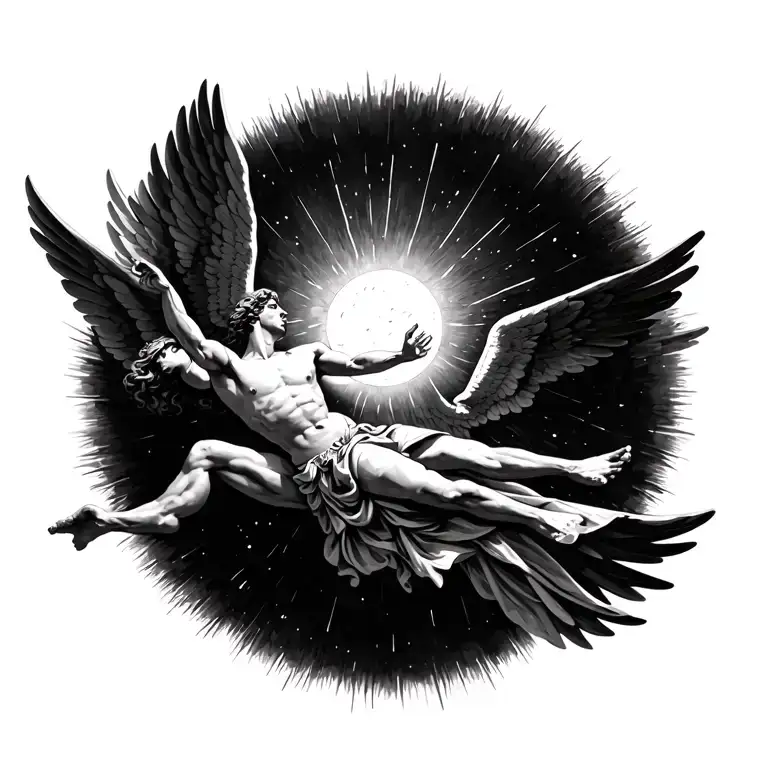 the falling of icarus but as he’s falling he’s reaching for the sun icarus looks normal in his greek way however the sun tattoo design idea