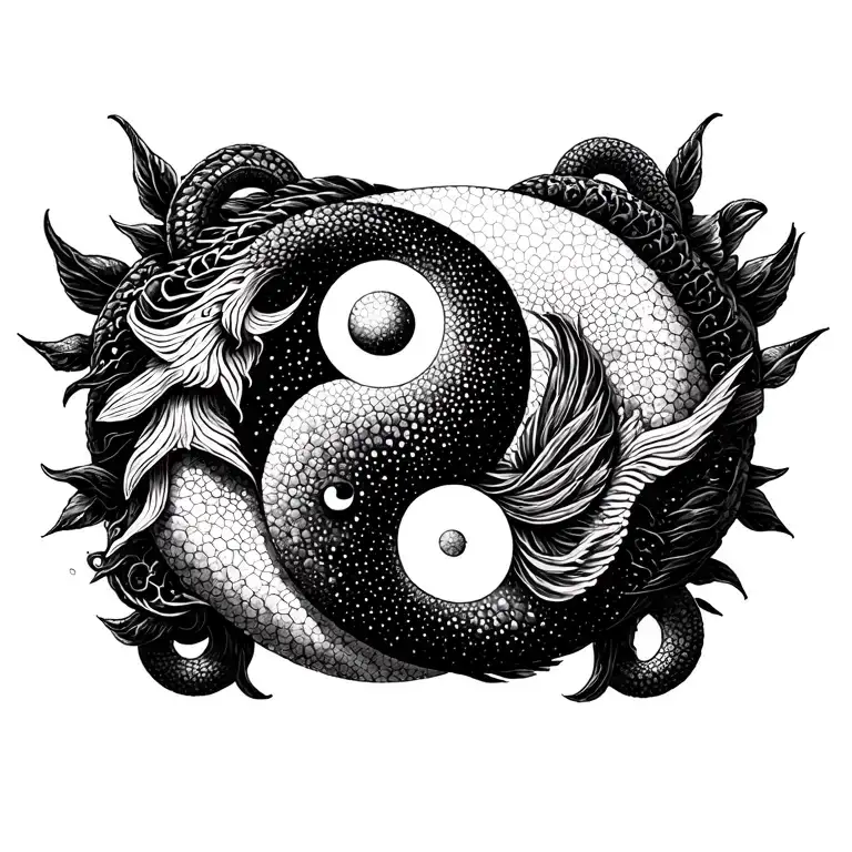 Combination of the pisces sign with yin-yang symbol and with ouroboros serpent around it tattoo design idea