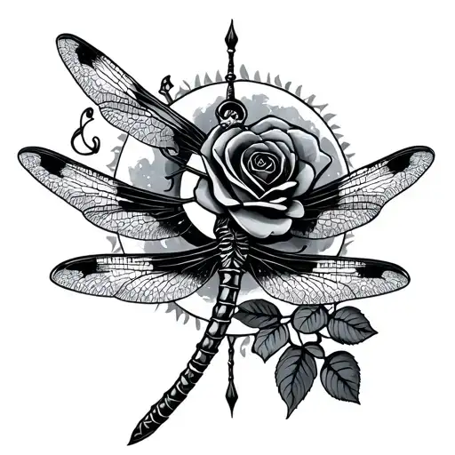 dragonfly dagger rose wrapped Sun moon tattoo design idea