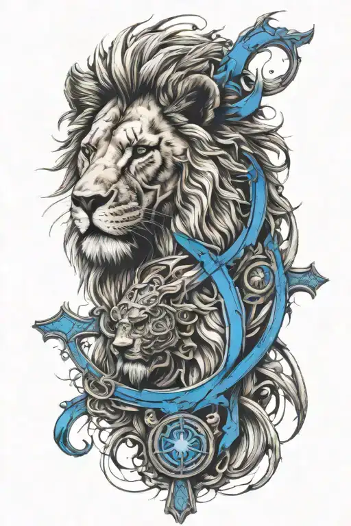lion head with think blue line cross surrounded tattoo design idea