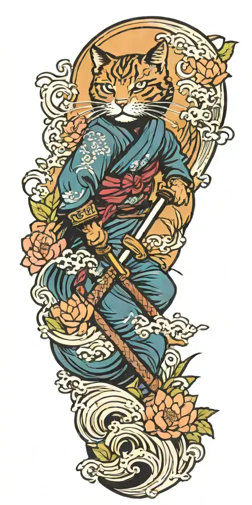 ninja cat surfing on a katana sword, tail, water, waves, lotus, sakura, clouds, whirlpool, leaves, peony tattoo design idea