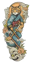ninja cat surfing on a katana sword, tail, water, waves, lotus, sakura, clouds, whirlpool, leaves, peony tattoo design idea