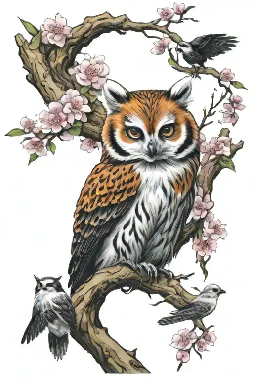 Cherry blossom tree with all these animals an Owl, a Red panda, a Eagle, Snow leopard, and ring tail Lemar  tattoo design idea