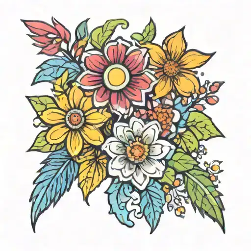 cluster of 90s hippie flowers in pride colors tattoo design idea