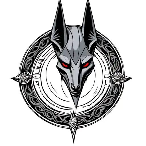 Head of the Anubis gods from very aggressive front with red eyes in a fantastic medieval circle tattoo design idea