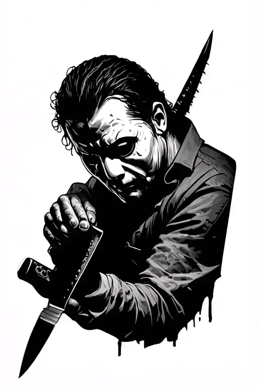 realistic michael myers looking down to the right side, holidng knife  tattoo design idea