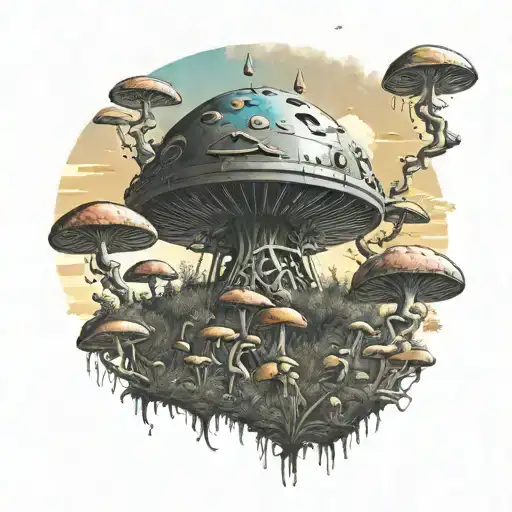 An alien spaceship abducting a group of hippies in a field of psychedelic mushrooms tattoo design idea