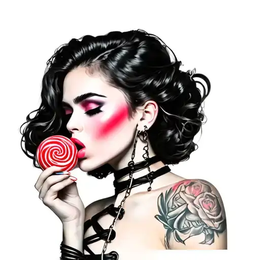 woman in bondage licking lollipop tattoo design idea