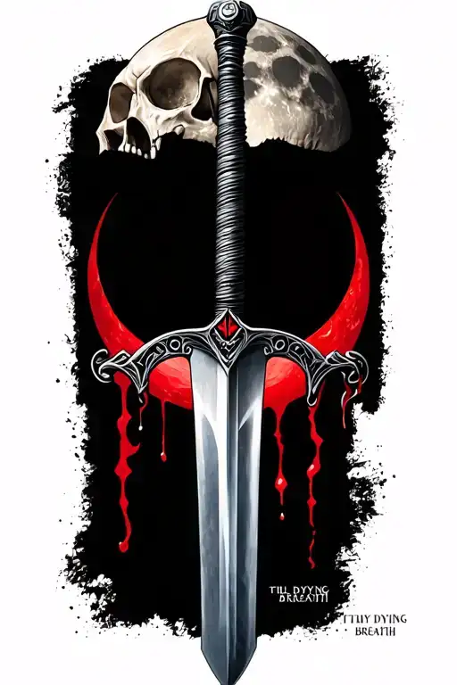 sword piercing soldier skull at bottom of blade with a bloodmoon and the words till my dying breath  tattoo design idea