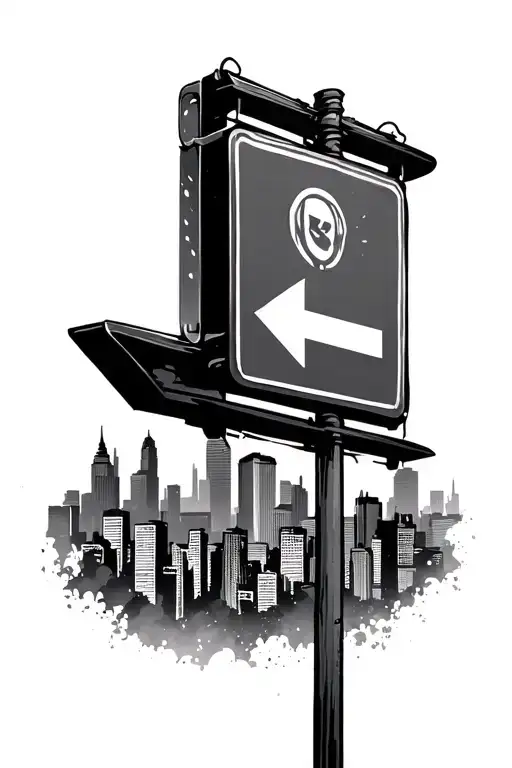 street sign city skyline in the background tattoo design idea