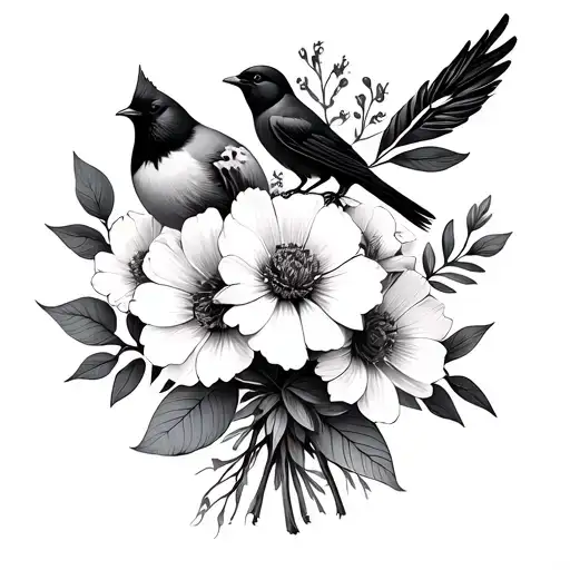 black and white bouquet of 8 birth flowers with small cardinal bird spine tattoo tattoo design idea