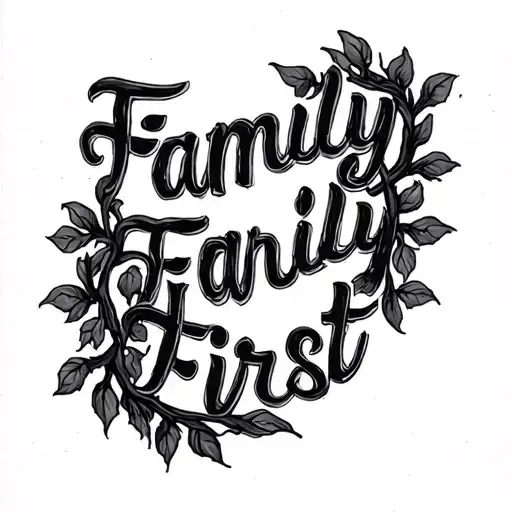 family first in dark cursive writing with dark vines wrapping around  tattoo design idea