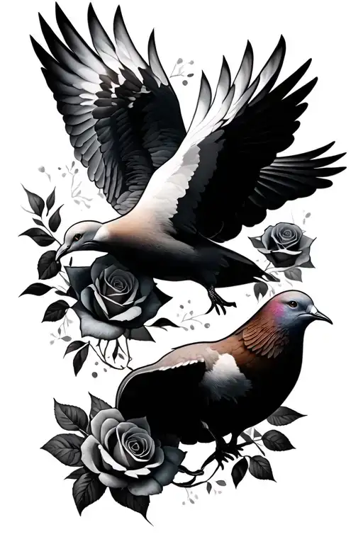 2 doves flying towards each other with roses in their mouth tattoo design idea