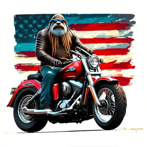 create an image of a male walrus biker wear leathers, sunglasses with along grey goatee riding a red harley ultra limite tattoo design idea